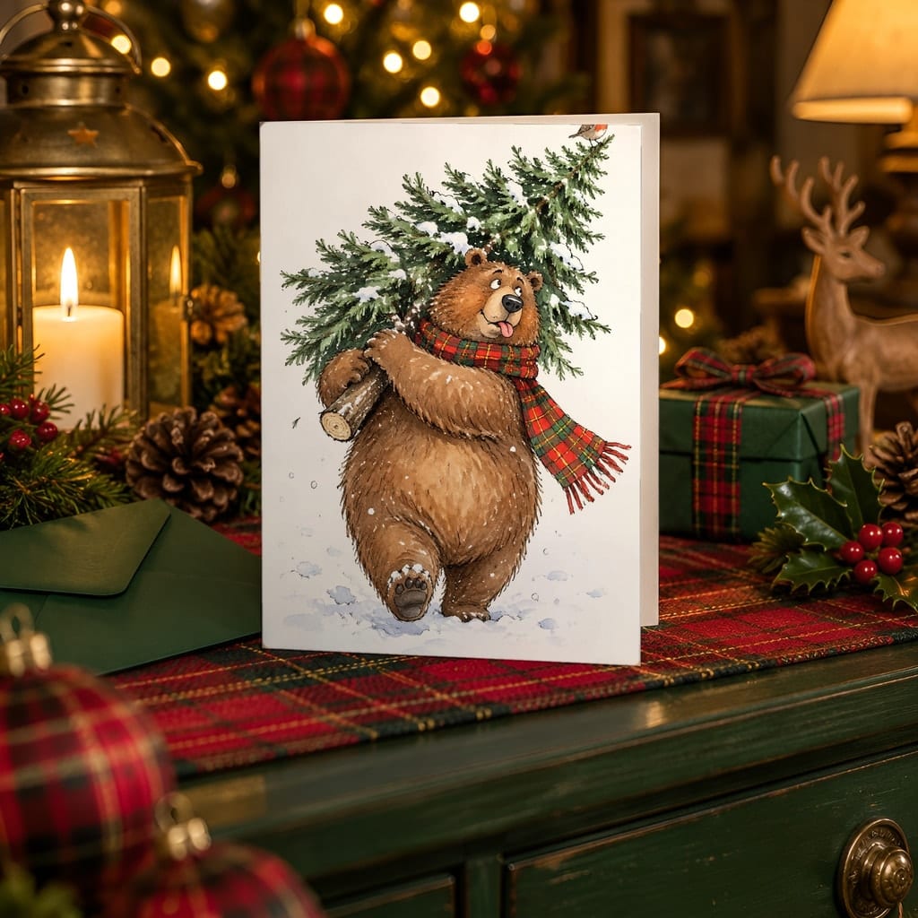 Christmas Card Mockup Bundle — 20 Cozy Cabin Plaid 5x7 Greeting Card PSD Mockups: mockup scene 13 of 20