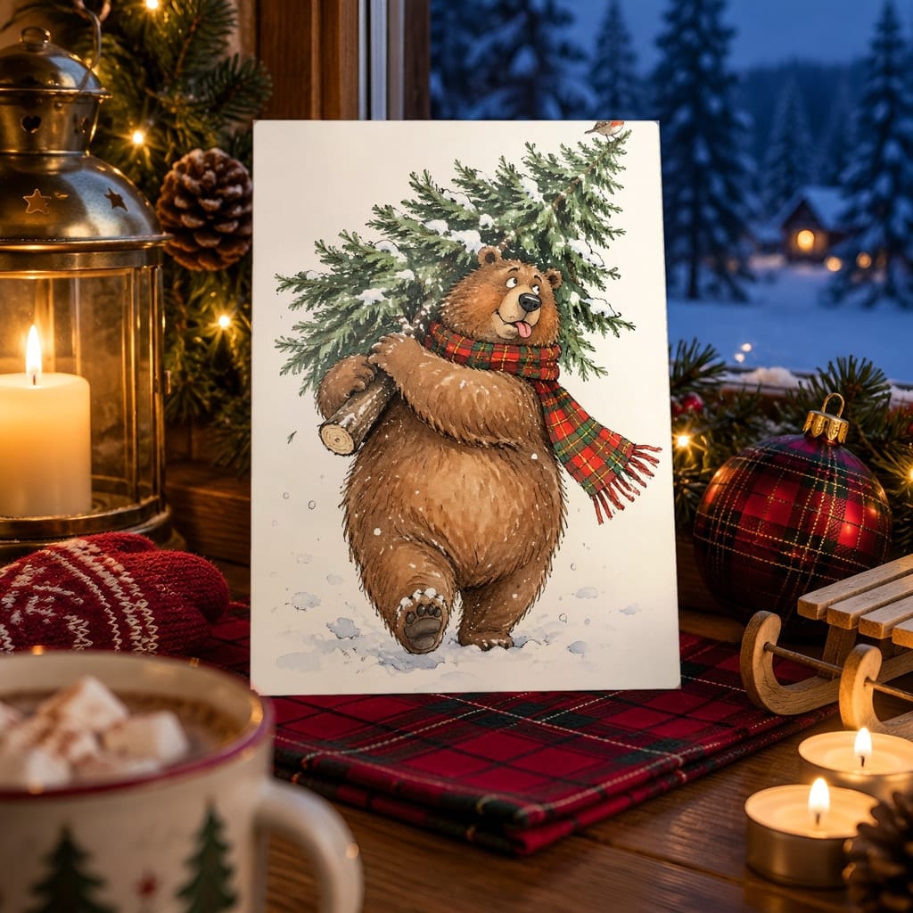 Christmas Card Mockup Bundle — 20 Cozy Cabin Plaid 5x7 Greeting Card PSD Mockups: mockup scene 15 of 20