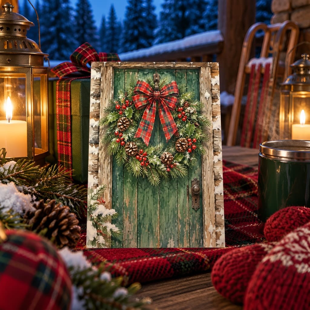 Christmas Card Mockup Bundle — 20 Cozy Cabin Plaid 5x7 Greeting Card PSD Mockups: mockup scene 16 of 20
