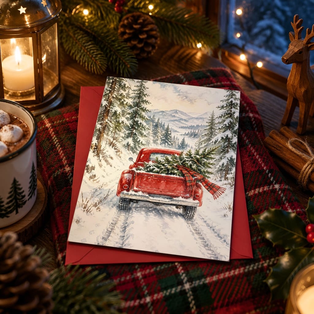 Christmas Card Mockup Bundle — 20 Cozy Cabin Plaid 5x7 Greeting Card PSD Mockups: mockup scene 17 of 20