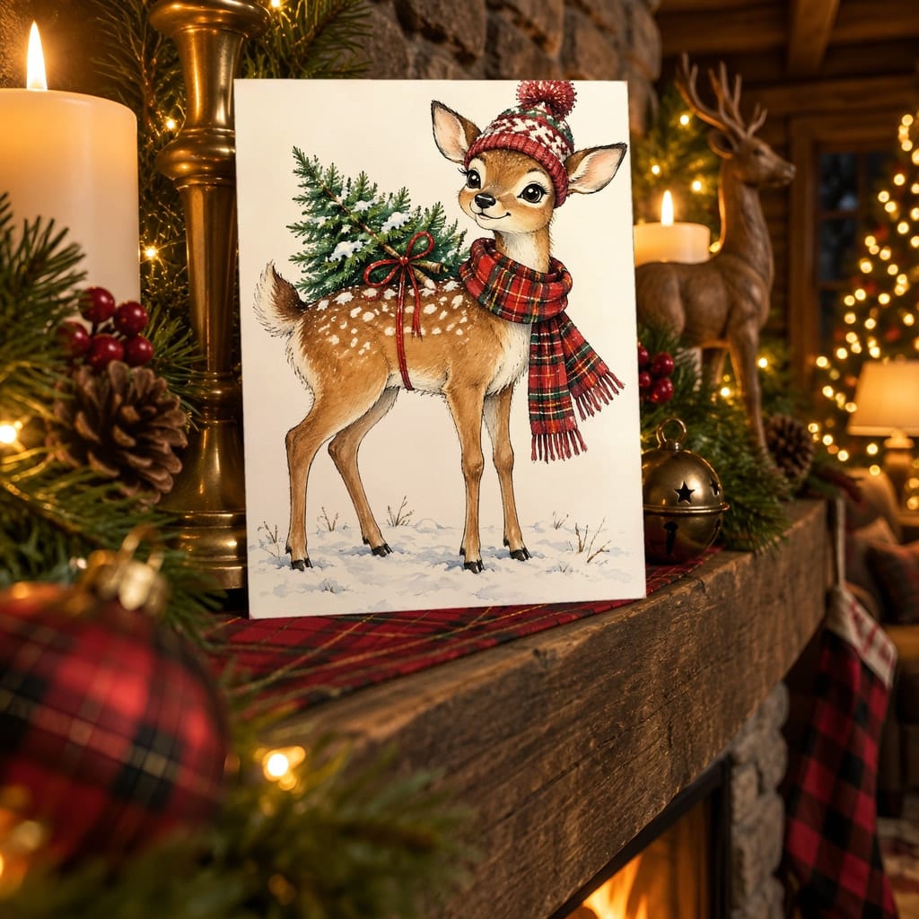Christmas Card Mockup Bundle — 20 Cozy Cabin Plaid 5x7 Greeting Card PSD Mockups: mockup scene 18 of 20