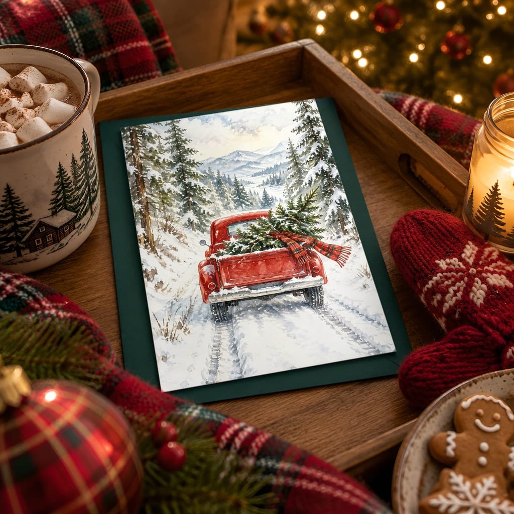 Christmas Card Mockup Bundle — 20 Cozy Cabin Plaid 5x7 Greeting Card PSD Mockups: mockup scene 19 of 20