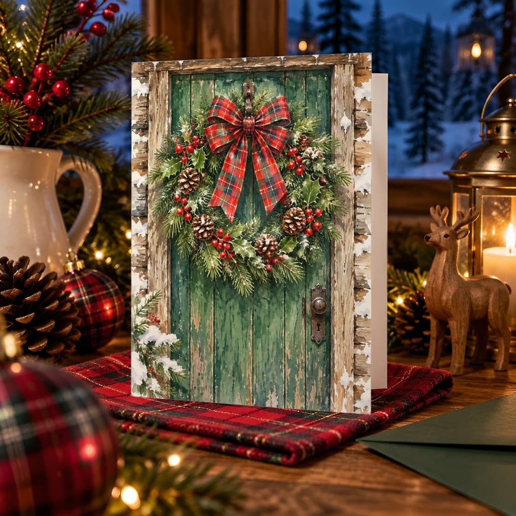 Christmas Card Mockup Bundle — 20 Cozy Cabin Plaid 5x7 Greeting Card PSD Mockups: mockup scene 20 of 20