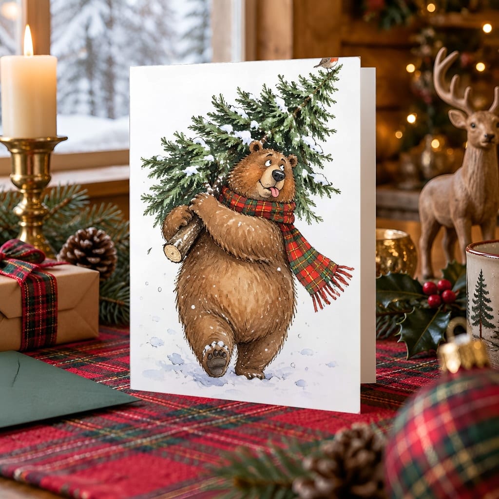 Christmas Card Mockup Bundle — 20 Cozy Cabin Plaid 5x7 Greeting Card PSD Mockups: mockup scene 3 of 20