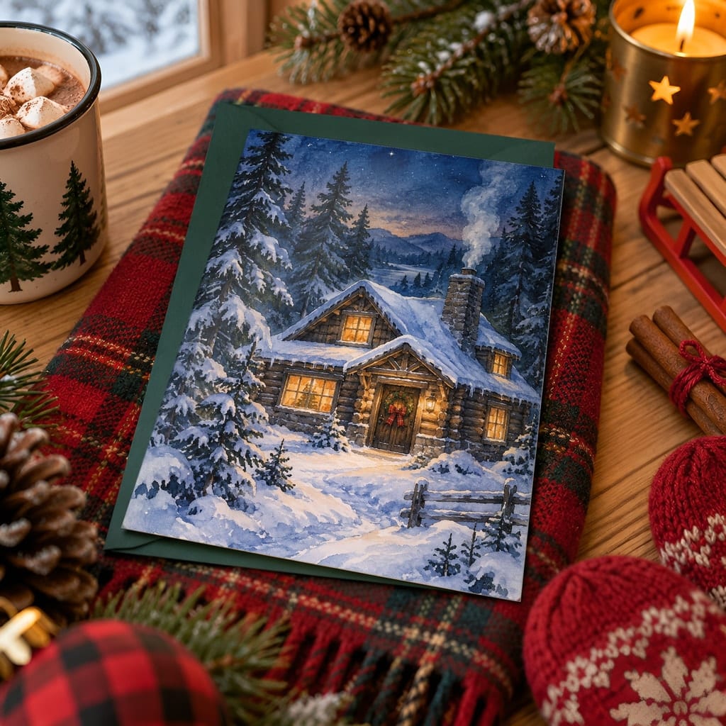 Christmas Card Mockup Bundle — 20 Cozy Cabin Plaid 5x7 Greeting Card PSD Mockups: mockup scene 4 of 20