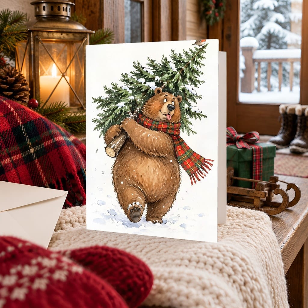 Christmas Card Mockup Bundle — 20 Cozy Cabin Plaid 5x7 Greeting Card PSD Mockups: mockup scene 6 of 20