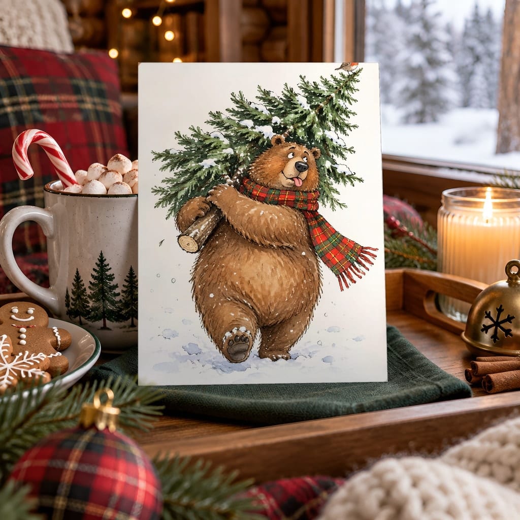 Christmas Card Mockup Bundle — 20 Cozy Cabin Plaid 5x7 Greeting Card PSD Mockups: mockup scene 7 of 20