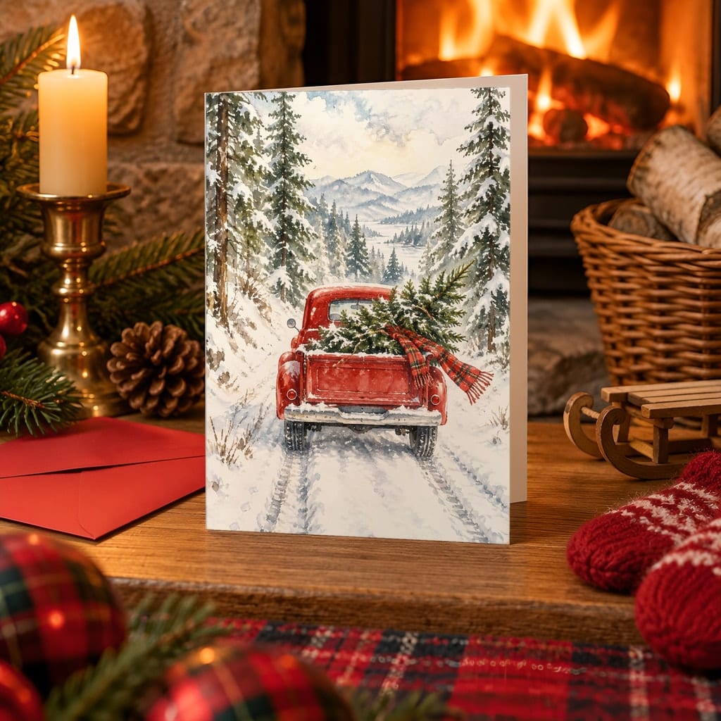 Christmas Card Mockup Bundle — 20 Cozy Cabin Plaid 5x7 Greeting Card PSD Mockups: mockup scene 9 of 20