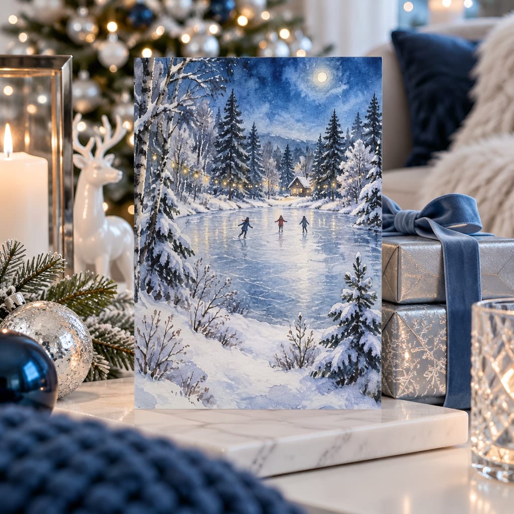 Christmas Card Mockup Bundle — 20 Icy Blue and Silver 5x7 Greeting Card PSD Mockups: mockup scene 12 of 20