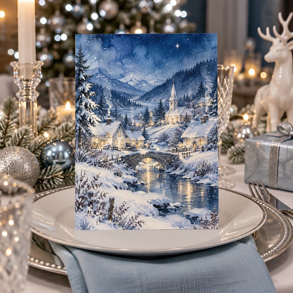 Christmas Card Mockup Bundle — 20 Icy Blue and Silver 5x7 Greeting Card PSD Mockups: mockup scene 14 of 20