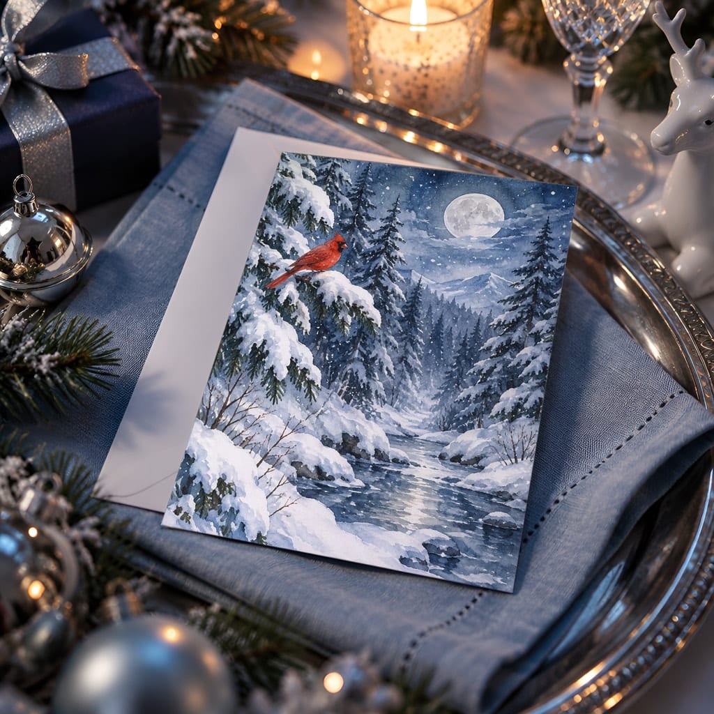 Christmas Card Mockup Bundle — 20 Icy Blue and Silver 5x7 Greeting Card PSD Mockups: mockup scene 19 of 20