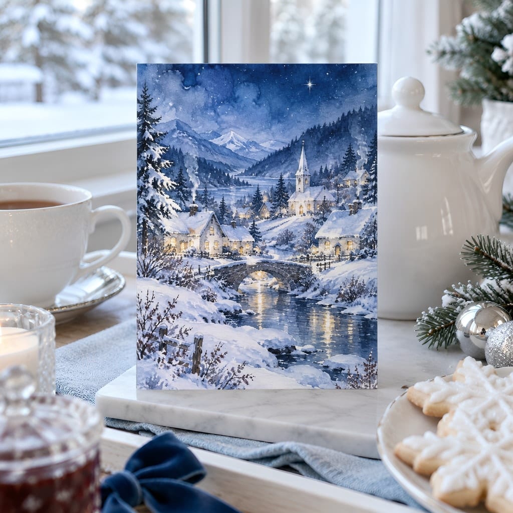 Christmas Card Mockup Bundle — 20 Icy Blue and Silver 5x7 Greeting Card PSD Mockups: mockup scene 7 of 20