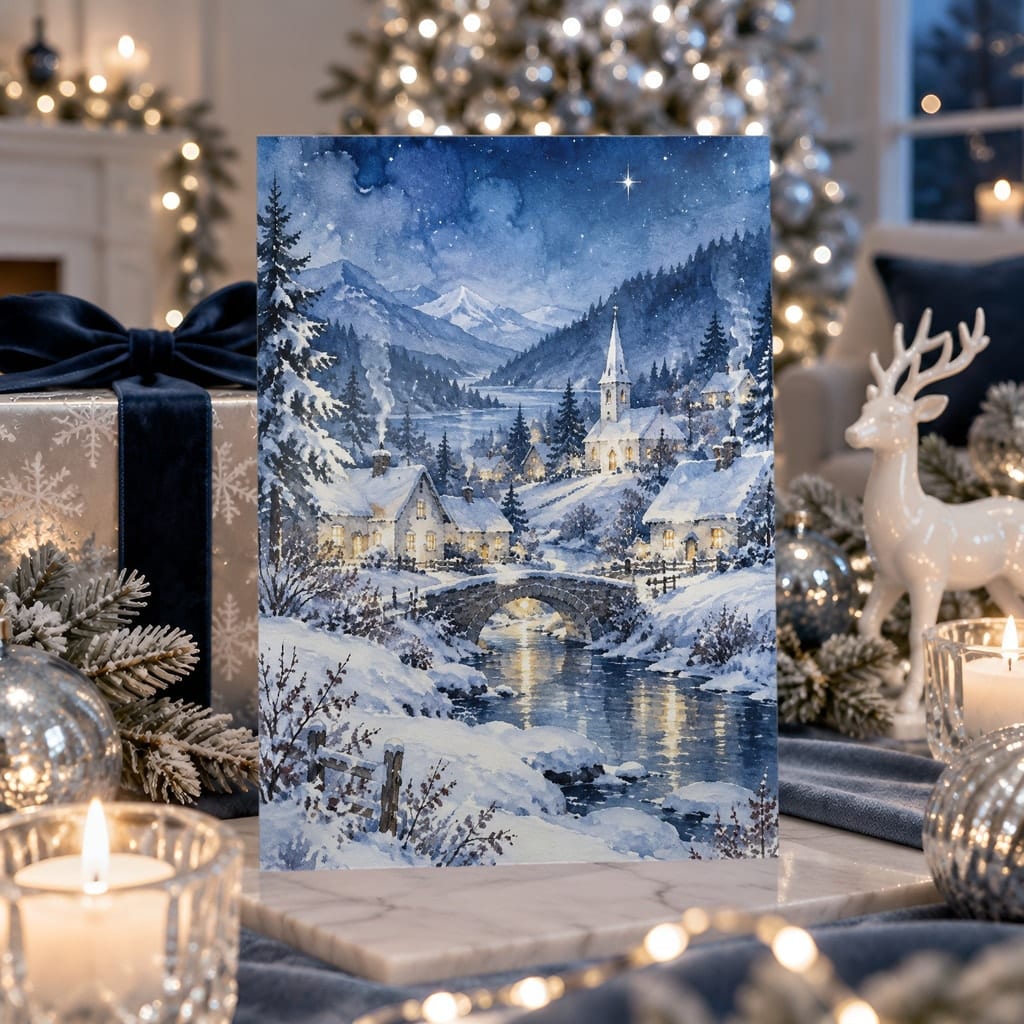 Christmas Card Mockup Bundle — 20 Icy Blue and Silver 5x7 Greeting Card PSD Mockups: mockup scene 8 of 20