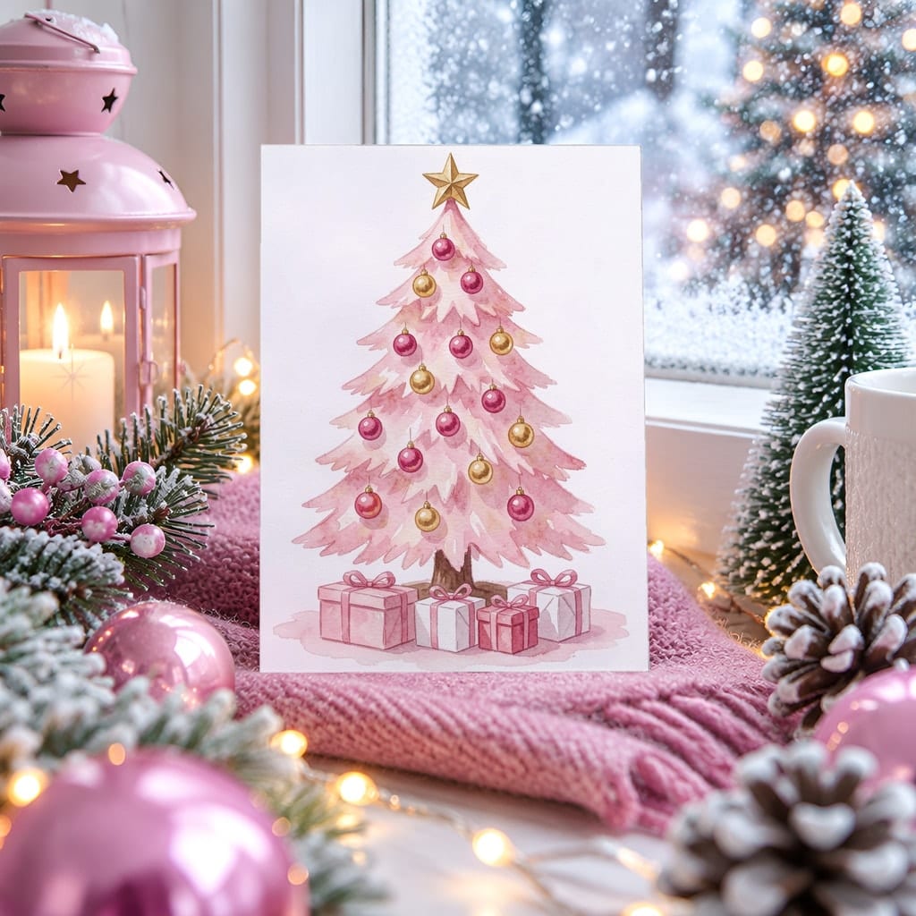 Christmas Card Mockup Bundle — 20 Pink Christmas 5x7 Greeting Card PSD Mockups: mockup scene 10 of 20