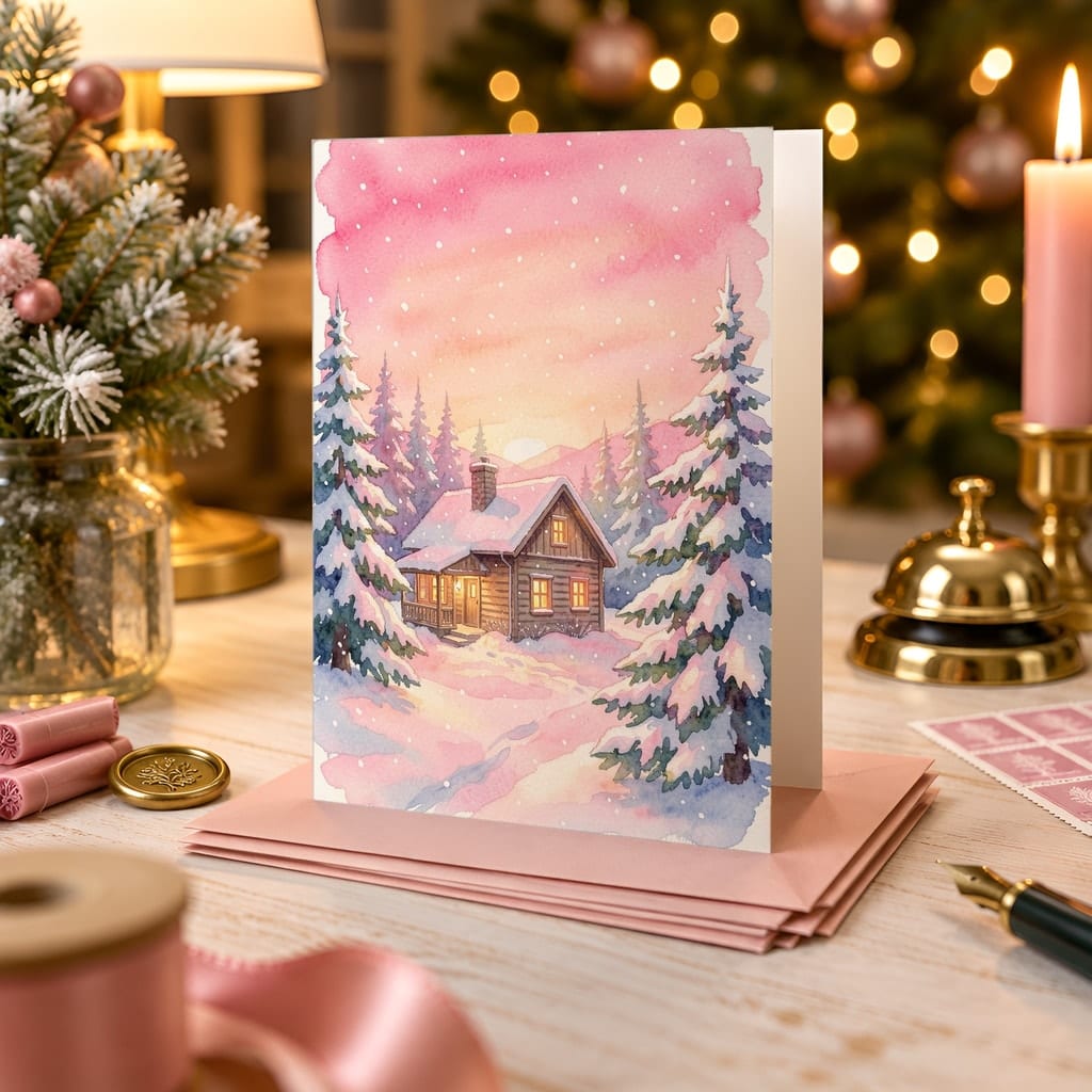 Christmas Card Mockup Bundle — 20 Pink Christmas 5x7 Greeting Card PSD Mockups: mockup scene 12 of 20