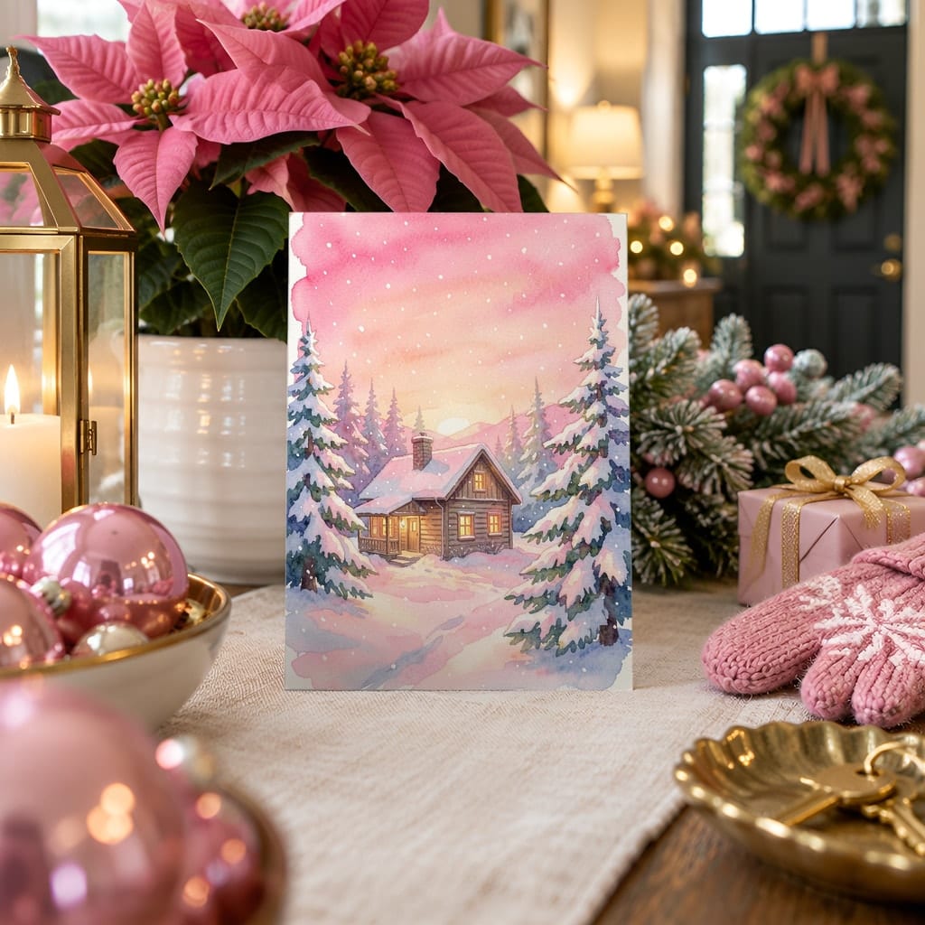 Christmas Card Mockup Bundle — 20 Pink Christmas 5x7 Greeting Card PSD Mockups: mockup scene 15 of 20