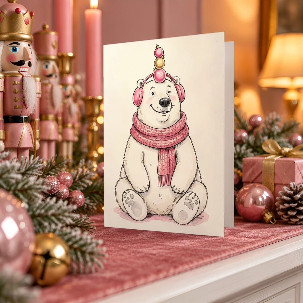 Christmas Card Mockup Bundle — 20 Pink Christmas 5x7 Greeting Card PSD Mockups: mockup scene 16 of 20