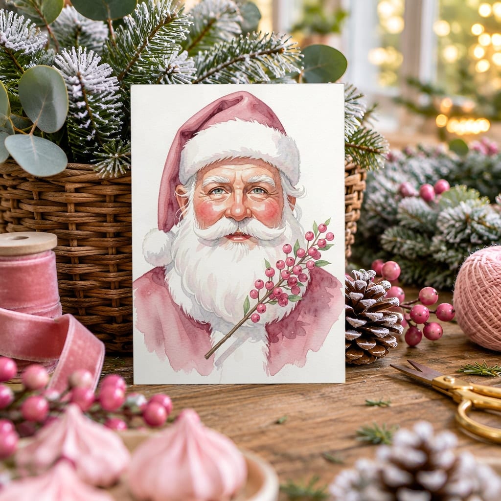 Christmas Card Mockup Bundle — 20 Pink Christmas 5x7 Greeting Card PSD Mockups: mockup scene 17 of 20