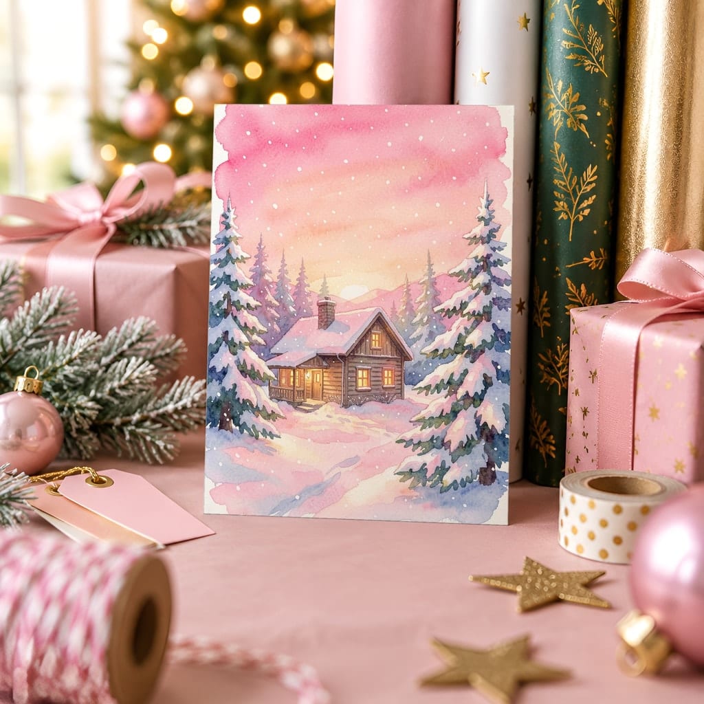 Christmas Card Mockup Bundle — 20 Pink Christmas 5x7 Greeting Card PSD Mockups: mockup scene 18 of 20