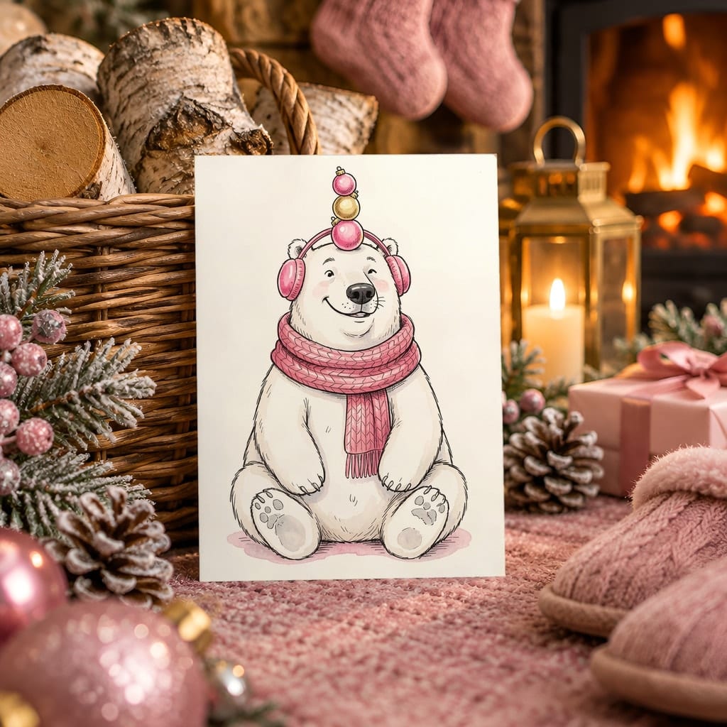 Christmas Card Mockup Bundle — 20 Pink Christmas 5x7 Greeting Card PSD Mockups: mockup scene 19 of 20
