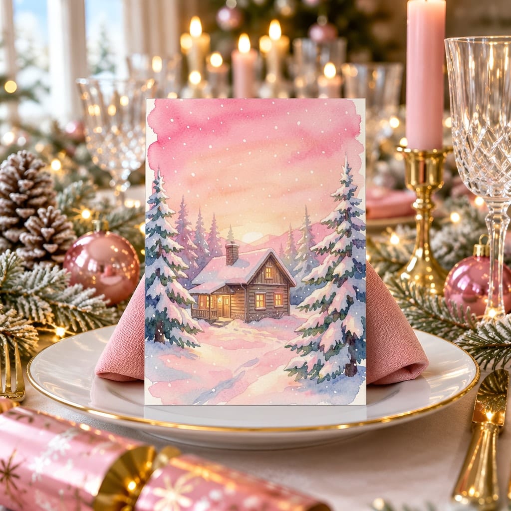 Christmas Card Mockup Bundle — 20 Pink Christmas 5x7 Greeting Card PSD Mockups: mockup scene 3 of 20
