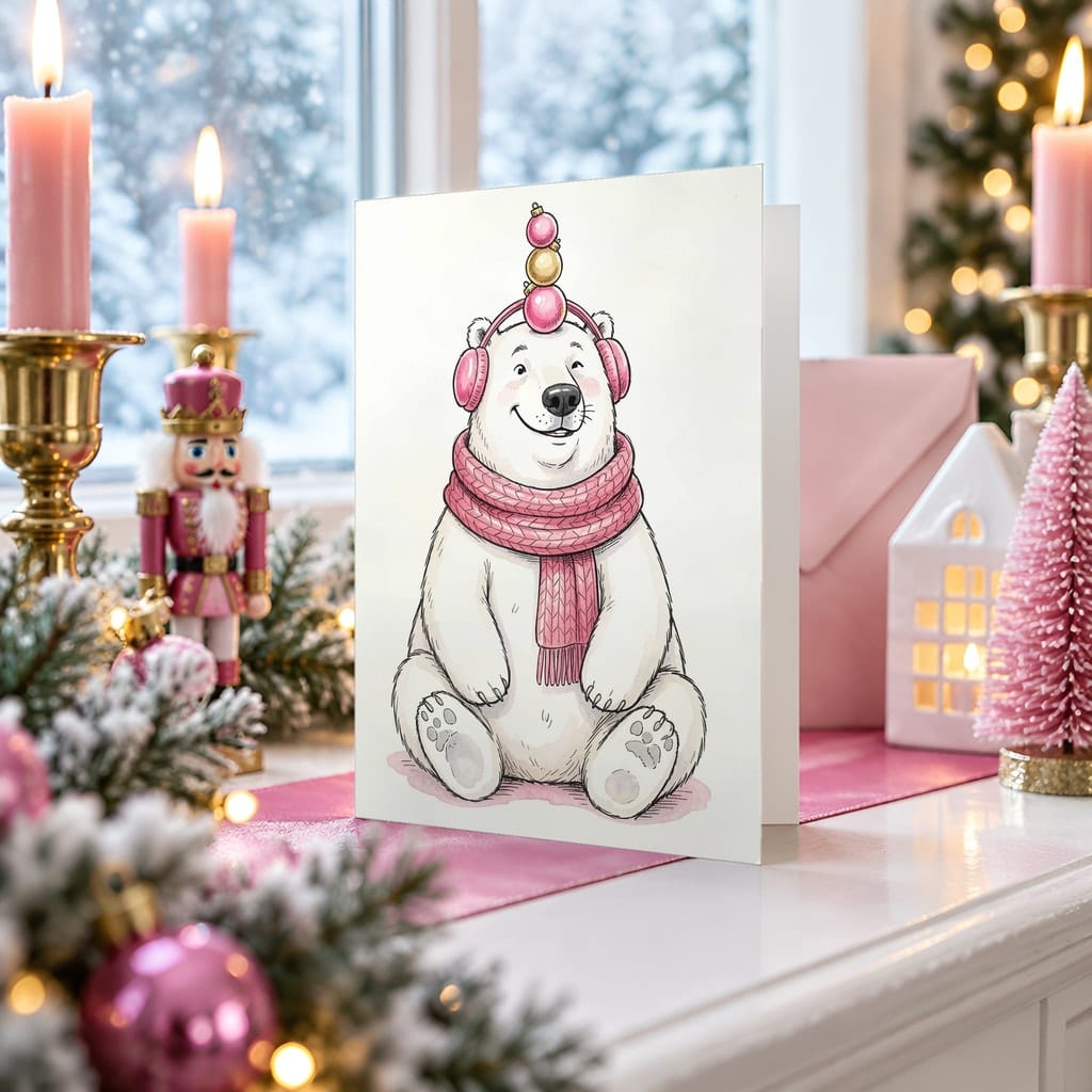 Christmas Card Mockup Bundle — 20 Pink Christmas 5x7 Greeting Card PSD Mockups: mockup scene 5 of 20