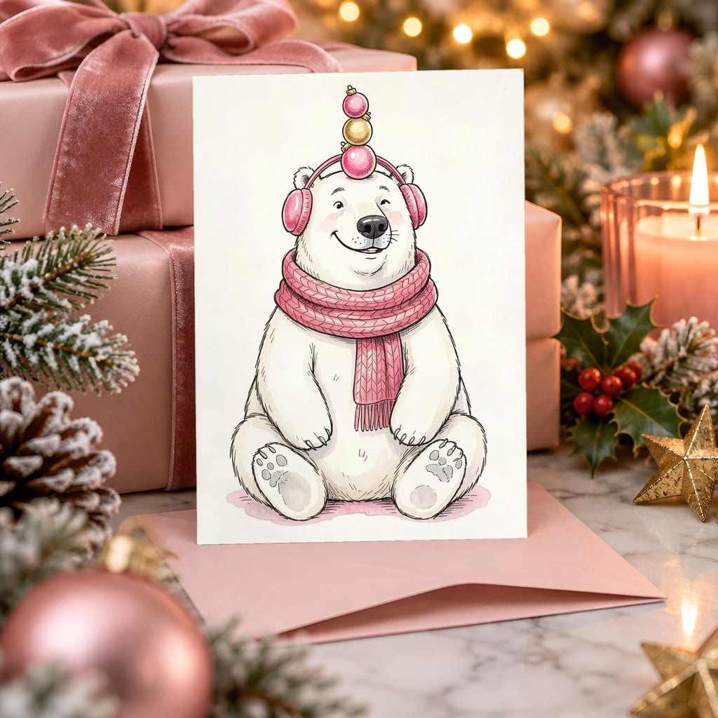 Christmas Card Mockup Bundle — 20 Pink Christmas 5x7 Greeting Card PSD Mockups: mockup scene 7 of 20
