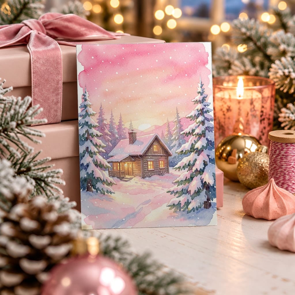 Christmas Card Mockup Bundle — 20 Pink Christmas 5x7 Greeting Card PSD Mockups: mockup scene 8 of 20
