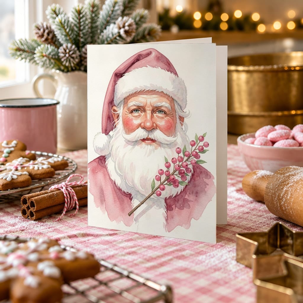 Christmas Card Mockup Bundle — 20 Pink Christmas 5x7 Greeting Card PSD Mockups: mockup scene 9 of 20