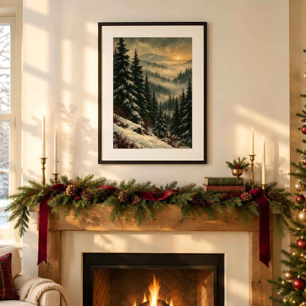 Christmas Frame Mockup — Festive Mantel Wall Art PSD Templates (20 Scenes) — first mockup scene from the pack