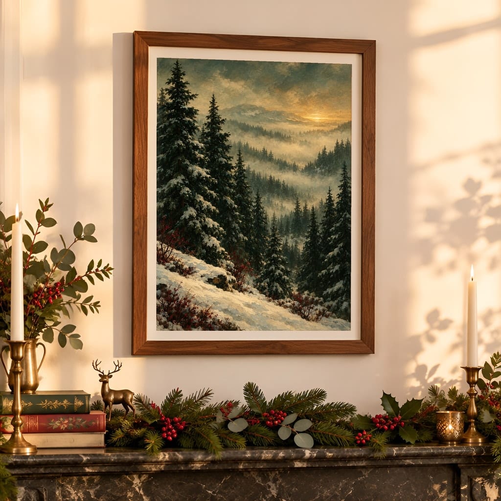 Christmas Frame Mockup — Festive Mantel Wall Art PSD Templates (20 Scenes): mockup scene 10 of 20
