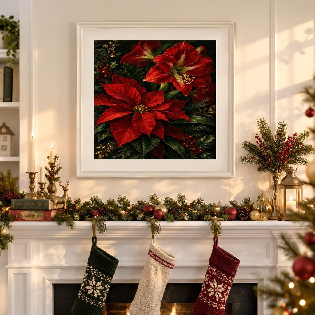 Christmas Frame Mockup — Festive Mantel Wall Art PSD Templates (20 Scenes): mockup scene 12 of 20