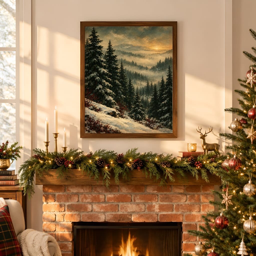 Christmas Frame Mockup — Festive Mantel Wall Art PSD Templates (20 Scenes): mockup scene 14 of 20