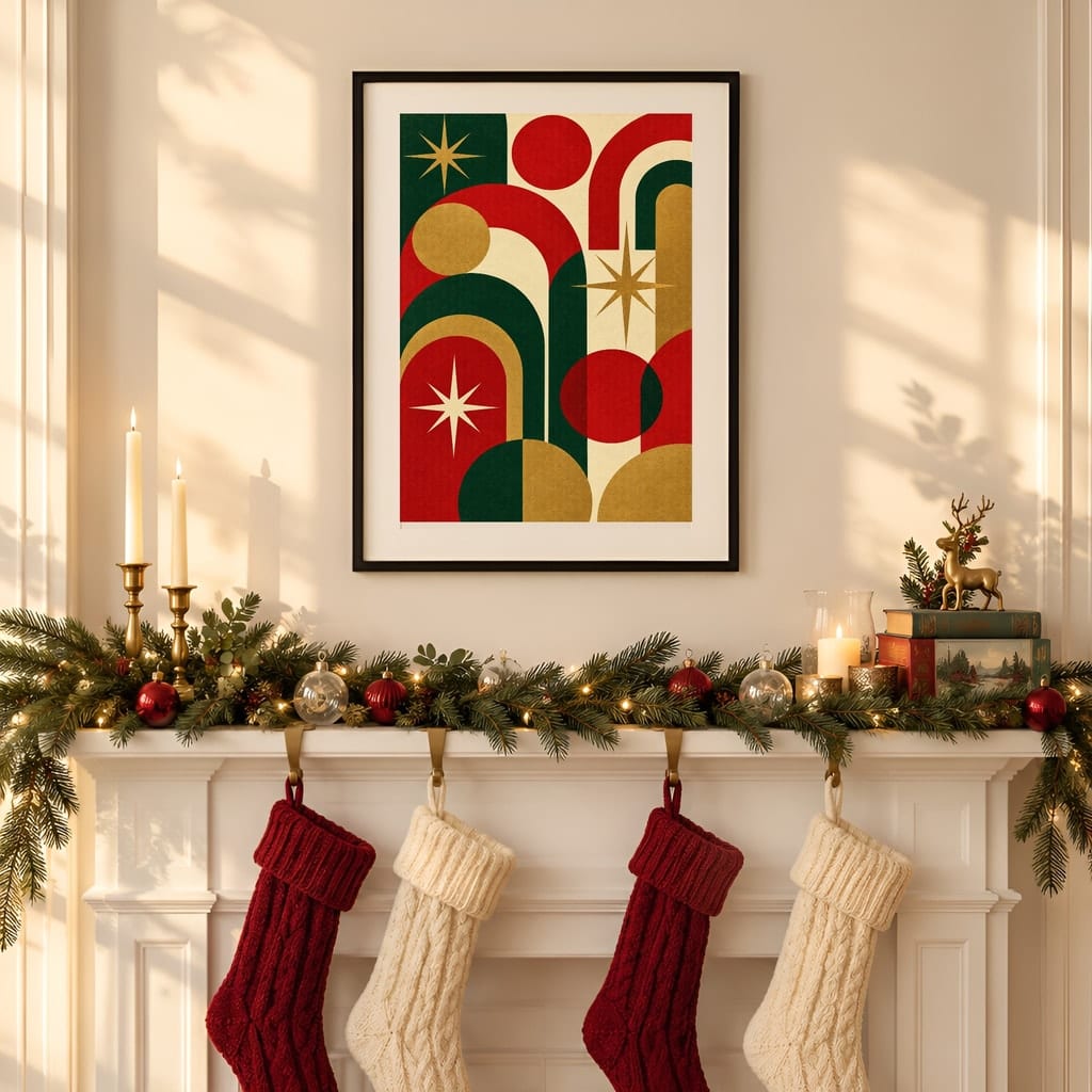 Christmas Frame Mockup — Festive Mantel Wall Art PSD Templates (20 Scenes): mockup scene 17 of 20