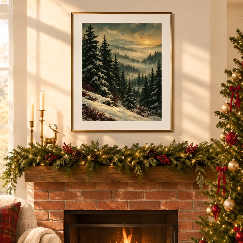 Christmas Frame Mockup — Festive Mantel Wall Art PSD Templates (20 Scenes): mockup scene 19 of 20