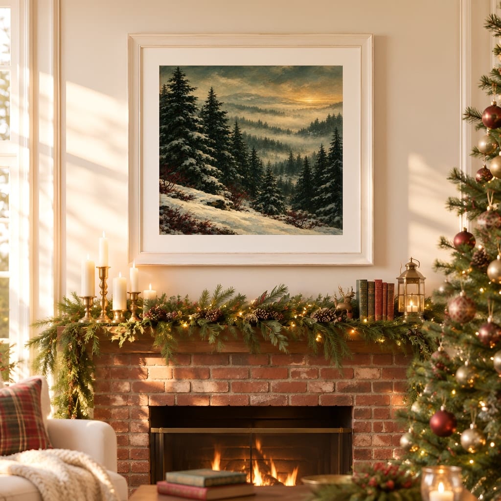 Christmas Frame Mockup — Festive Mantel Wall Art PSD Templates (20 Scenes): mockup scene 4 of 20