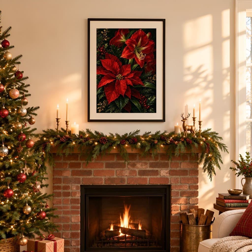 Christmas Frame Mockup — Festive Mantel Wall Art PSD Templates (20 Scenes): mockup scene 9 of 20