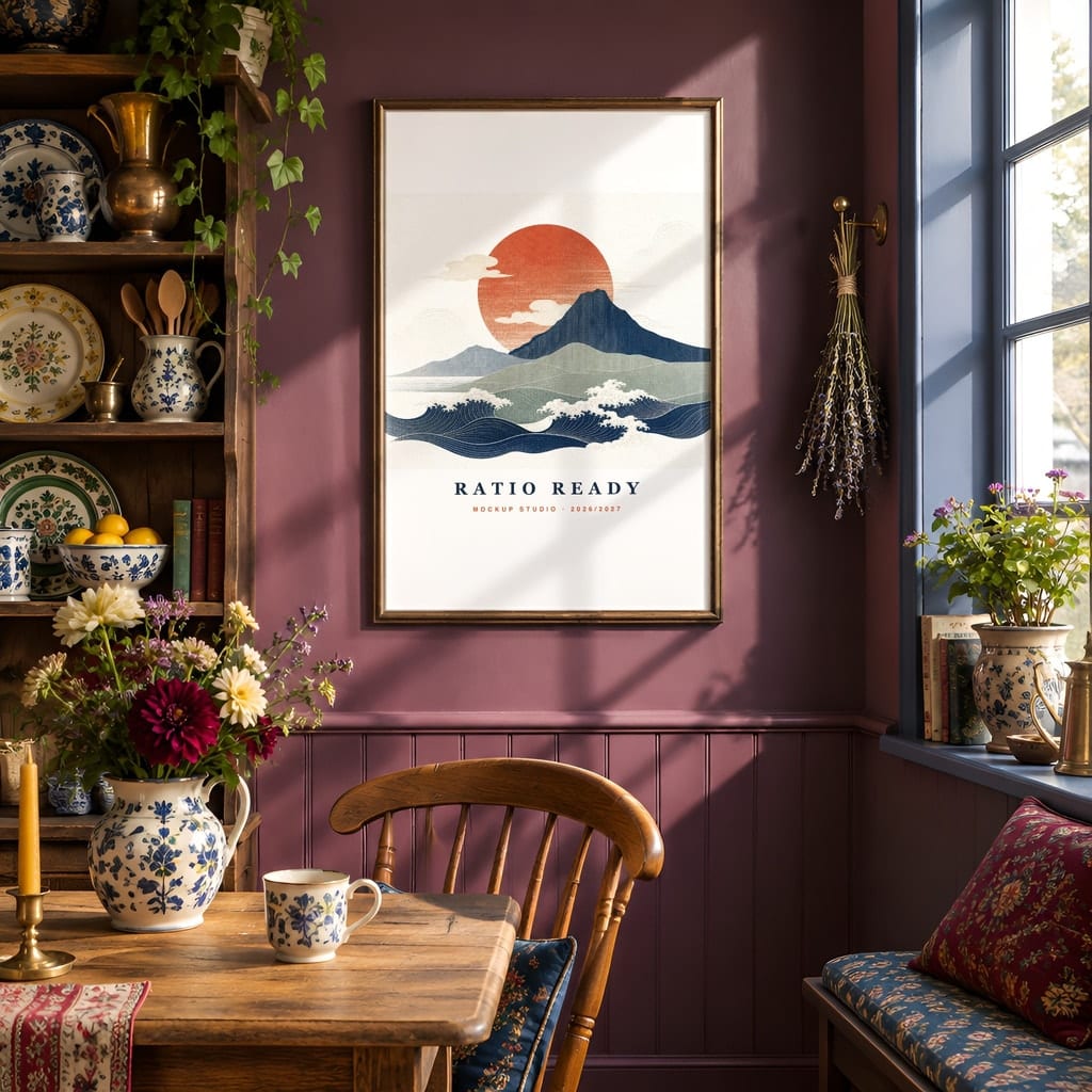Cottagecore Frame Mockup — Dark Moody Kitchen Wall Art PSD Templates (20 Scenes): mockup scene 11 of 20