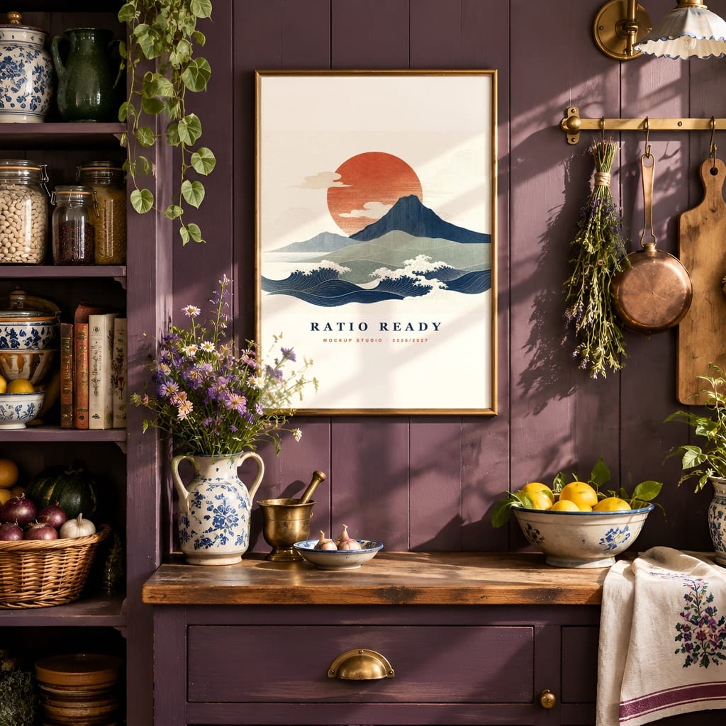 Cottagecore Frame Mockup — Dark Moody Kitchen Wall Art PSD Templates (20 Scenes): mockup scene 19 of 20