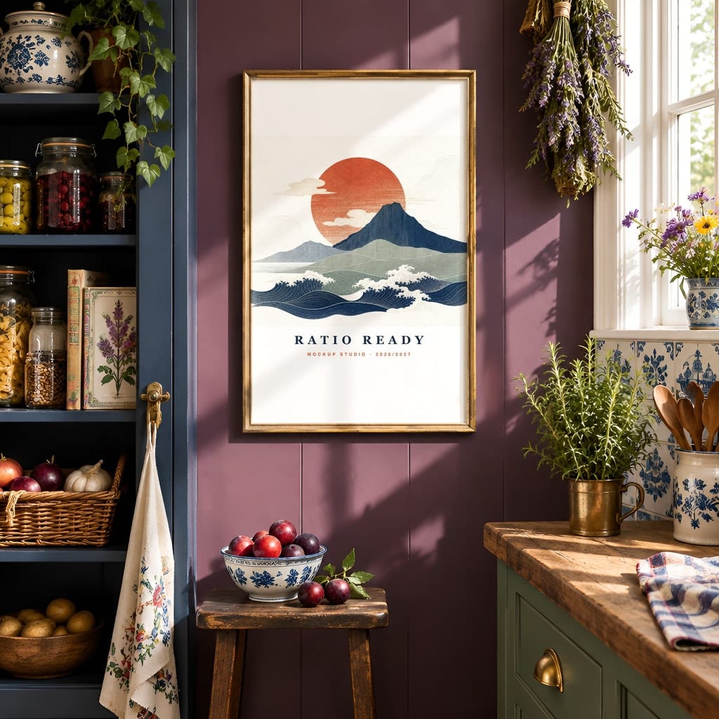 Cottagecore Frame Mockup — Dark Moody Kitchen Wall Art PSD Templates (20 Scenes): mockup scene 3 of 20