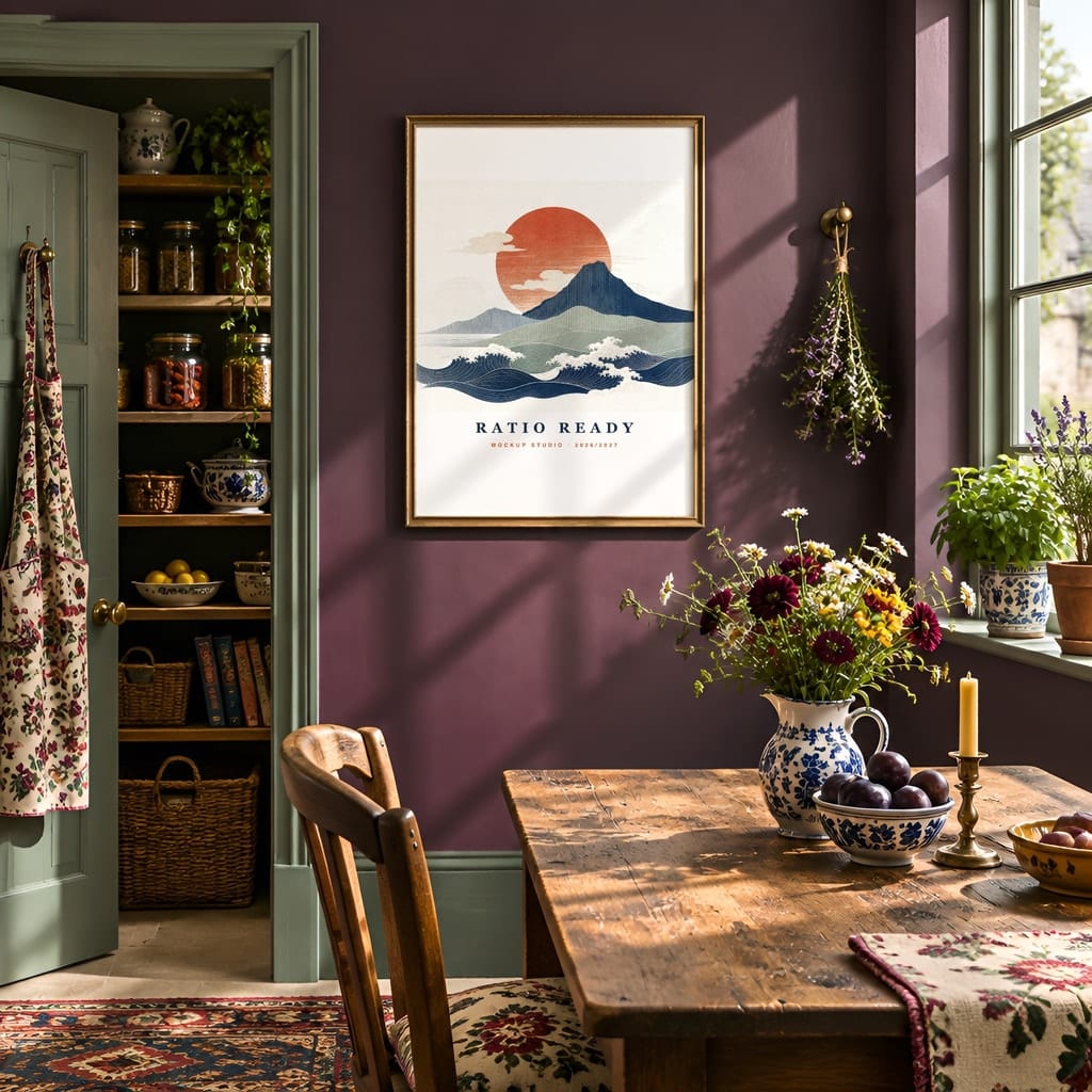 Cottagecore Frame Mockup — Dark Moody Kitchen Wall Art PSD Templates (20 Scenes): mockup scene 5 of 20