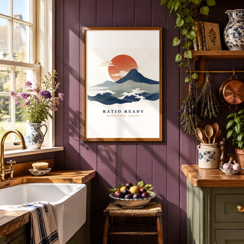 Cottagecore Frame Mockup — Dark Moody Kitchen Wall Art PSD Templates (20 Scenes): mockup scene 7 of 20