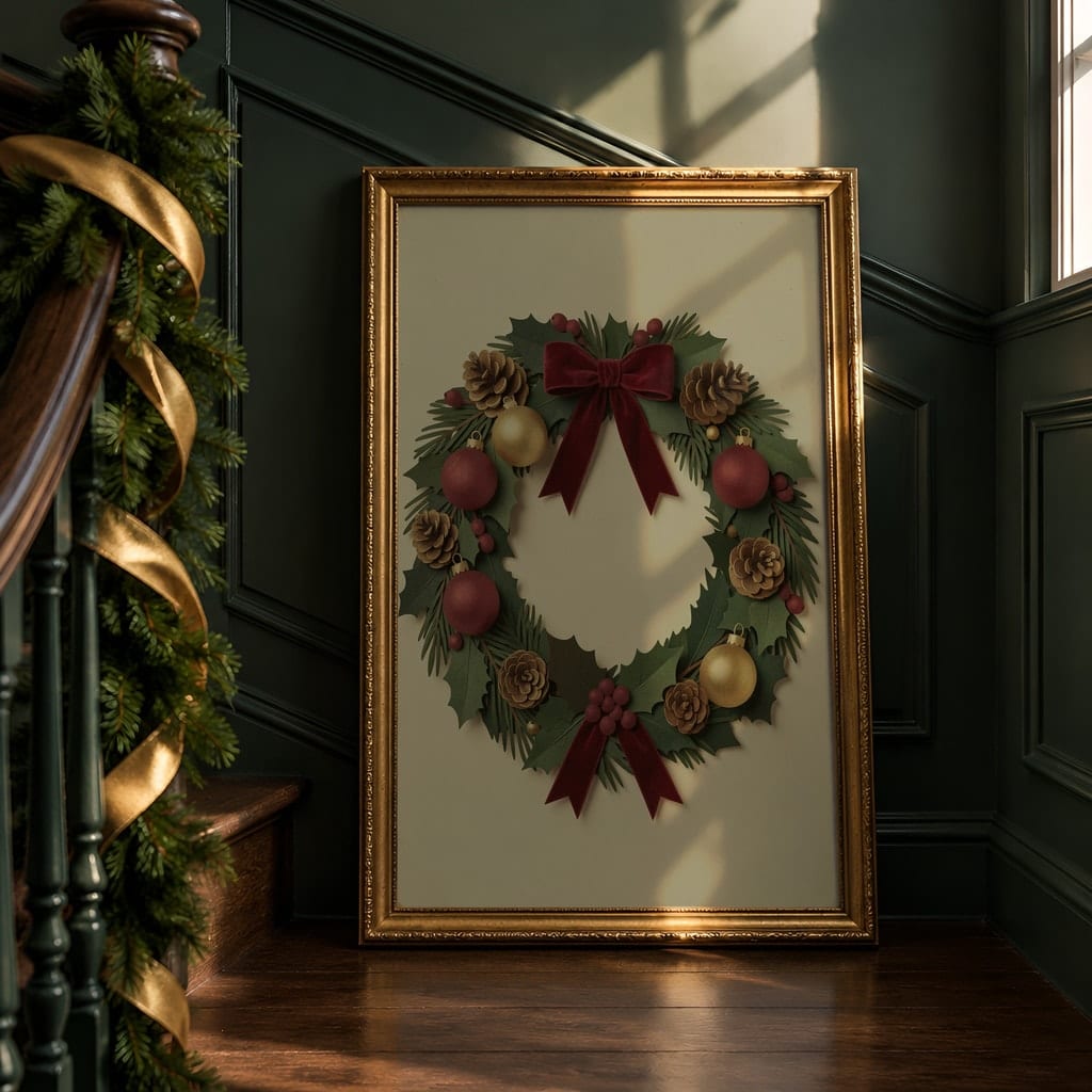 Christmas Frame Mockup Bundle — 20 Vertical Emerald and Gold Wall Art PSD Mockups: mockup scene 18 of 20