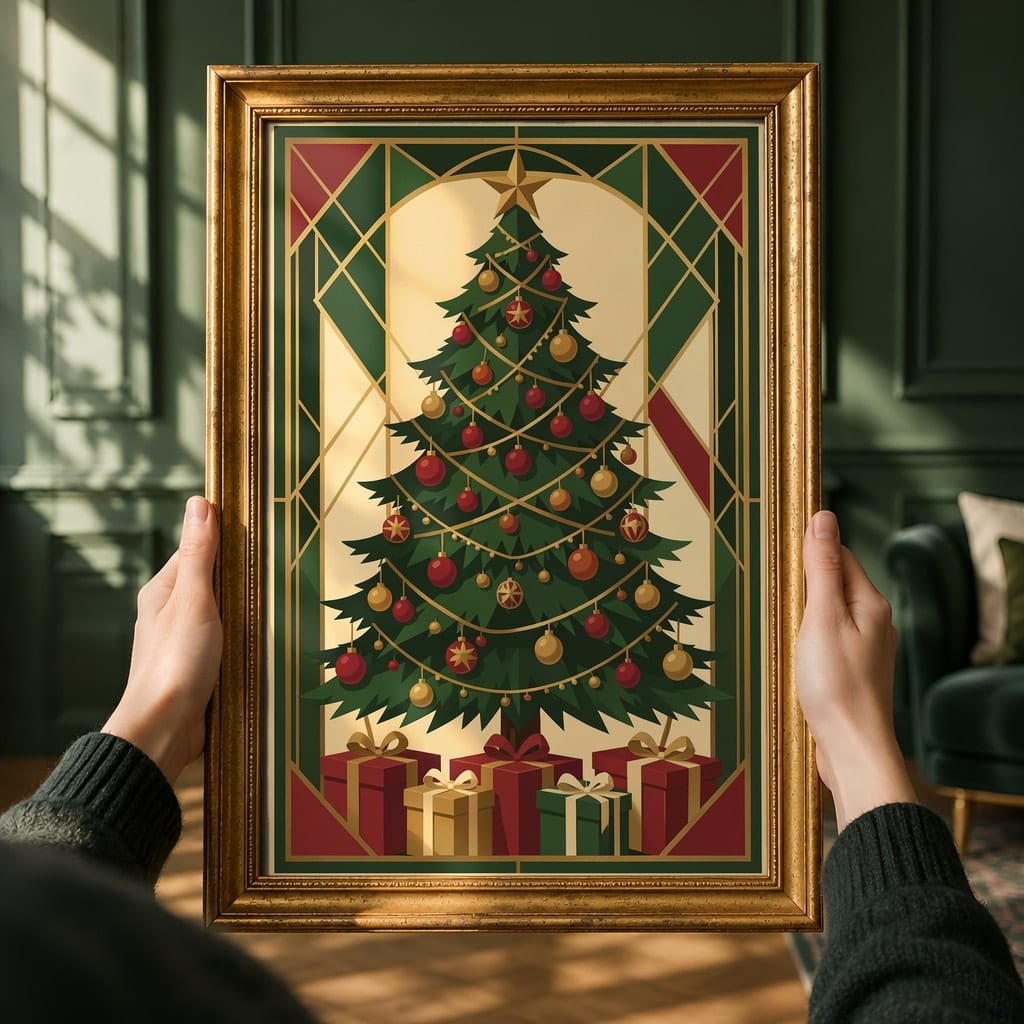 Christmas Frame Mockup Bundle — 20 Vertical Emerald and Gold Wall Art PSD Mockups: mockup scene 8 of 20