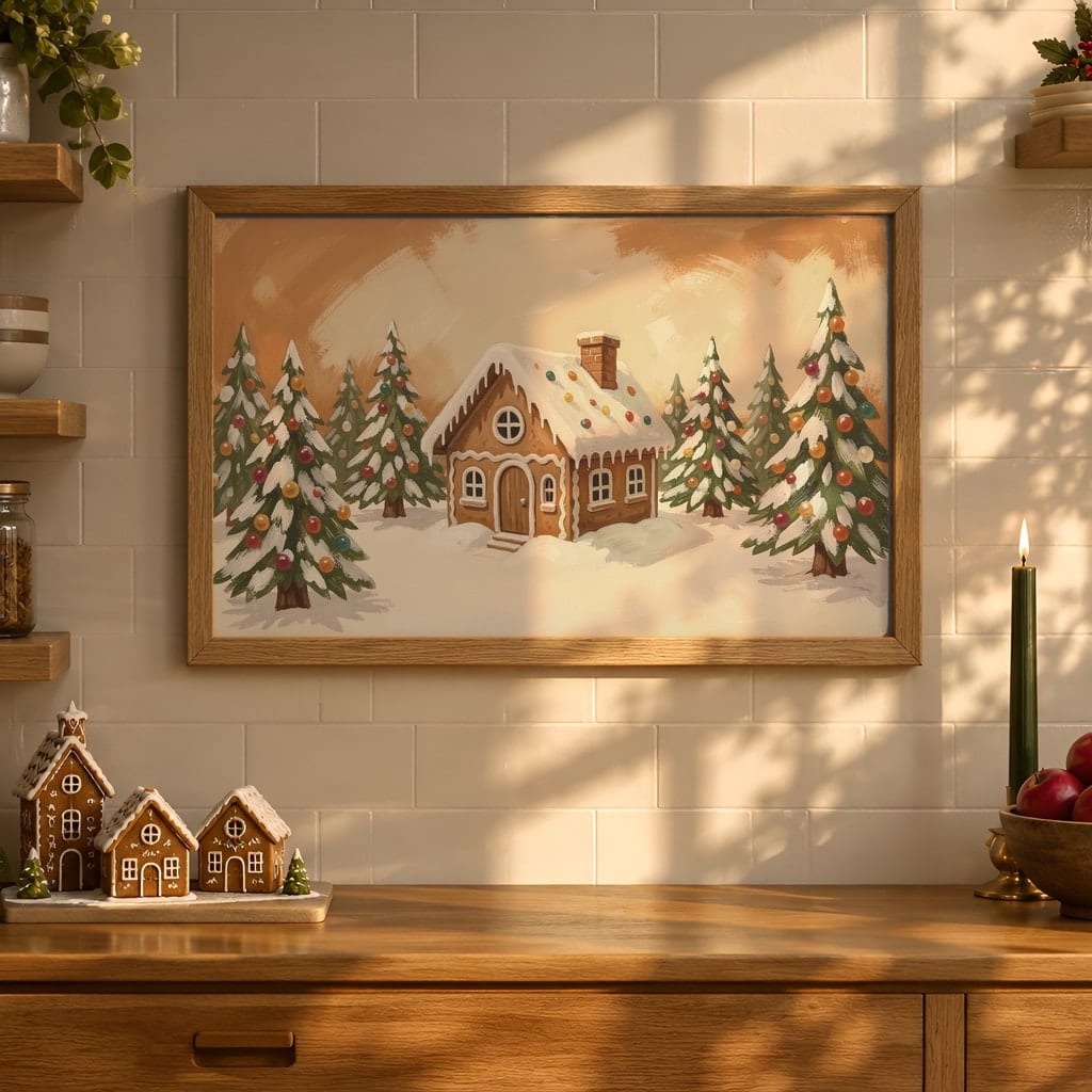 Christmas Kitchen Frame Mockup Bundle — 40 Horizontal Gingerbread Wall Art PSD Mockups: mockup scene 10 of 40