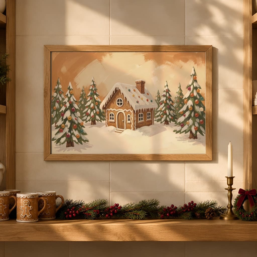 Christmas Kitchen Frame Mockup Bundle — 40 Horizontal Gingerbread Wall Art PSD Mockups: mockup scene 22 of 40