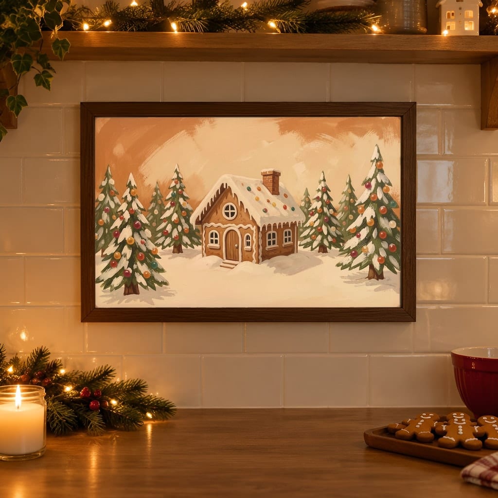 Christmas Kitchen Frame Mockup Bundle — 40 Horizontal Gingerbread Wall Art PSD Mockups: mockup scene 27 of 40