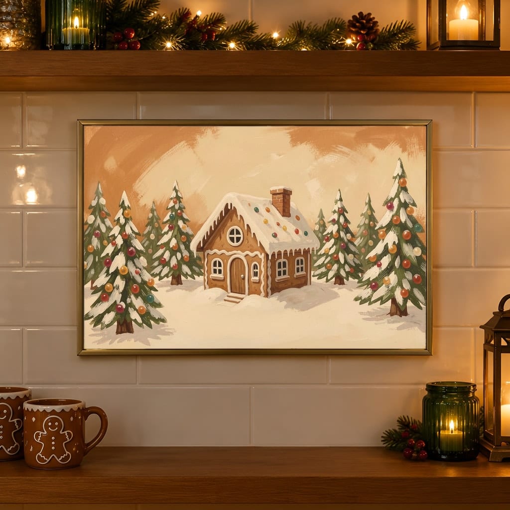 Christmas Kitchen Frame Mockup Bundle — 40 Horizontal Gingerbread Wall Art PSD Mockups: mockup scene 29 of 40