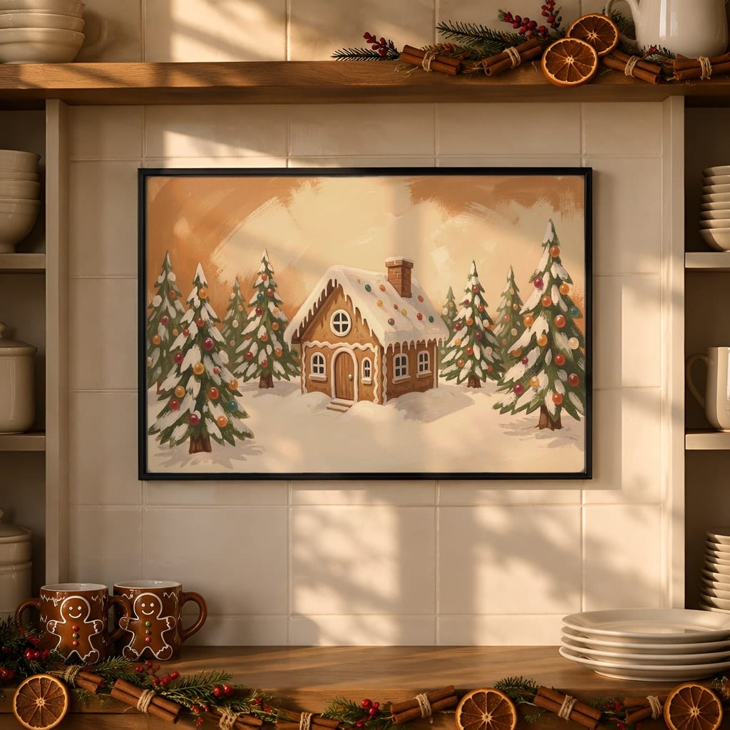 Christmas Kitchen Frame Mockup Bundle — 40 Horizontal Gingerbread Wall Art PSD Mockups: mockup scene 3 of 40