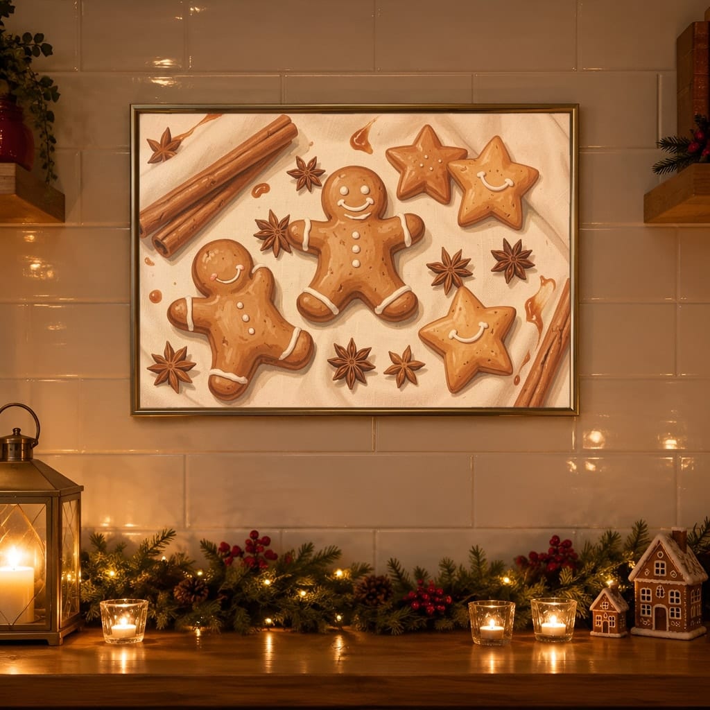 Christmas Kitchen Frame Mockup Bundle — 40 Horizontal Gingerbread Wall Art PSD Mockups: mockup scene 33 of 40